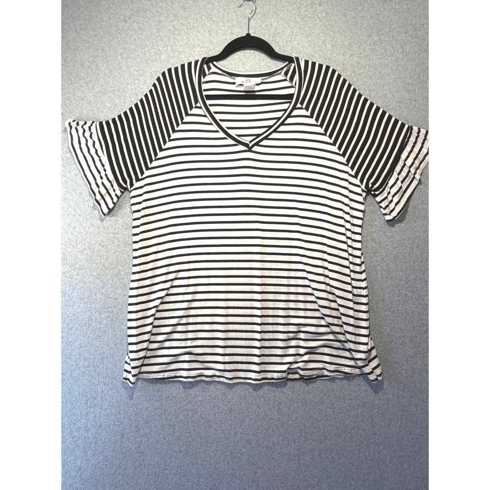 Womens XL Black, blue & White Striped V-Neck Ruffle Sleeve Raglan Top